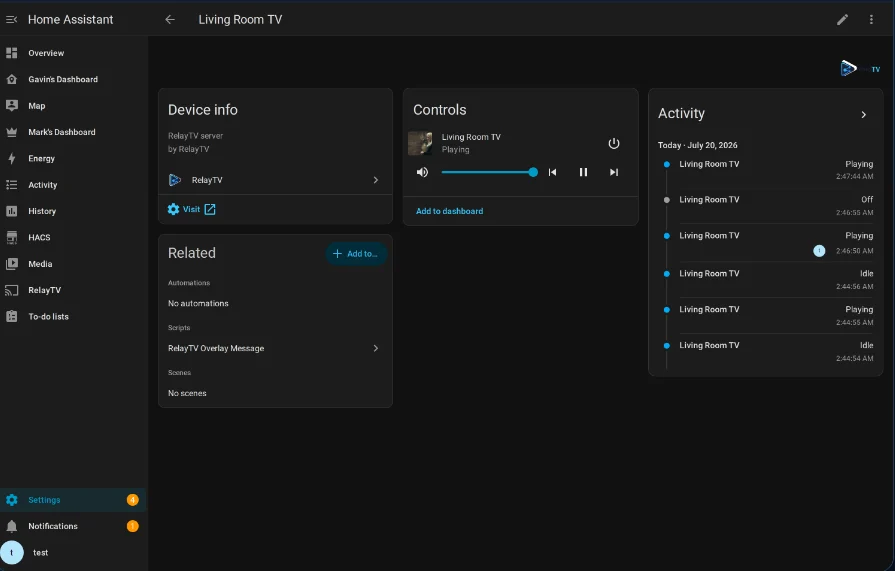 RelayTV device and media controls in Home Assistant