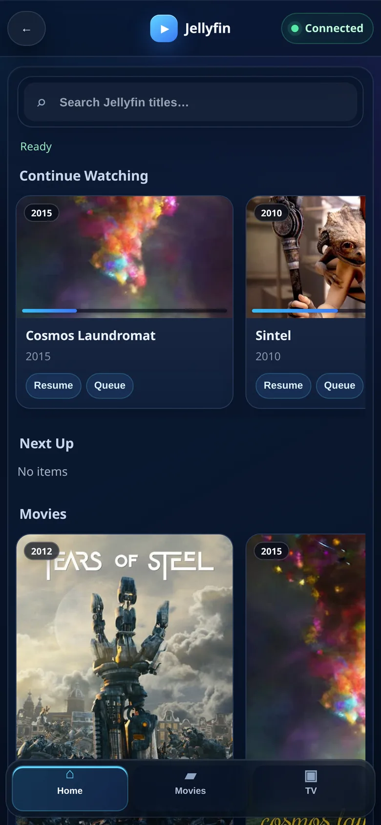 Jellyfin Continue Watching and Next Up rails in RelayTV