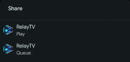Android share sheet with RelayTV Play and RelayTV Queue targets